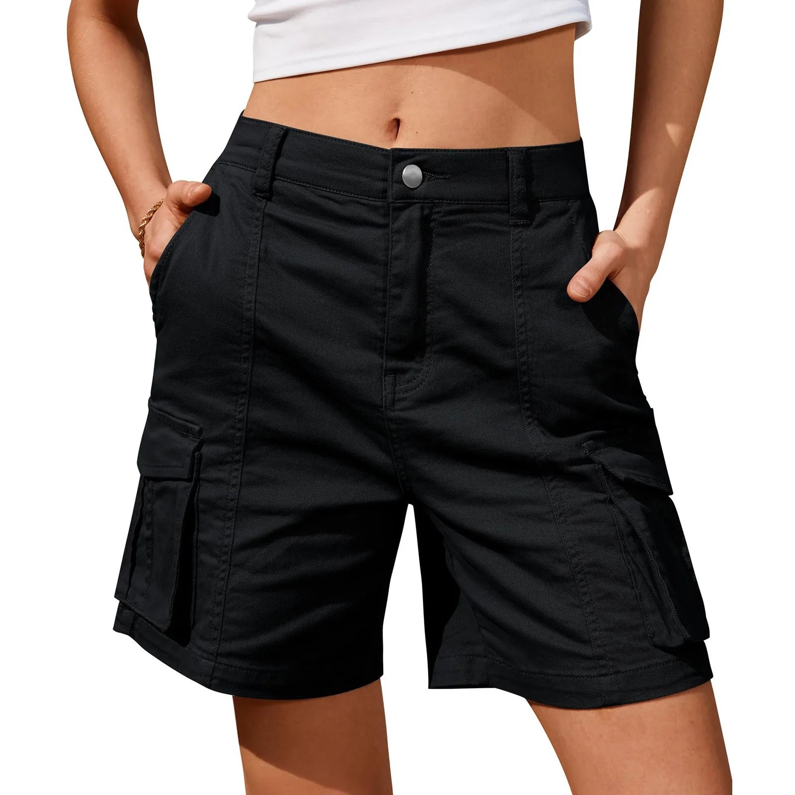 Vintage Cargo Shorts Elastic Waist 6 Pockets Casual