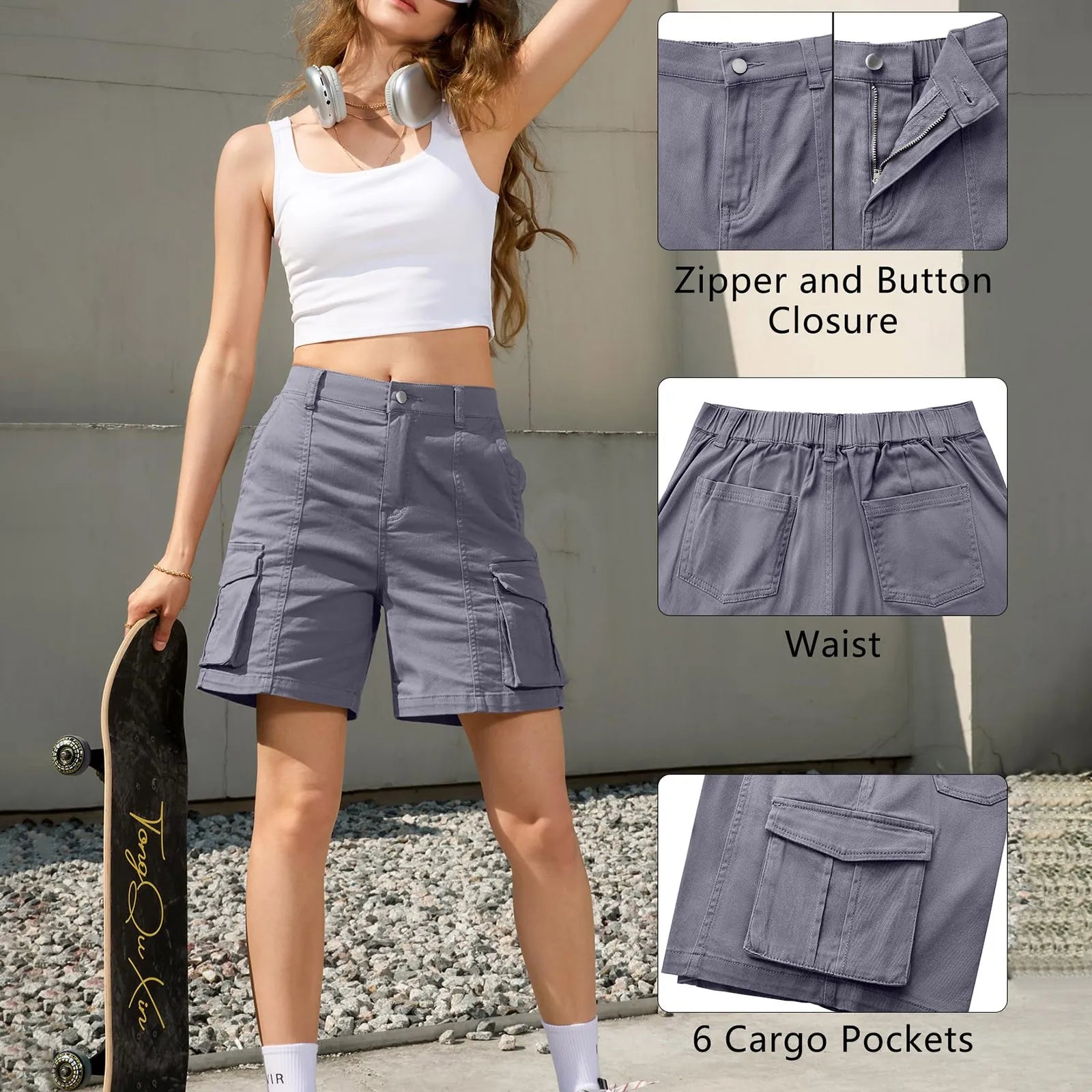 Vintage Cargo Shorts Elastic Waist 6 Pockets Casual