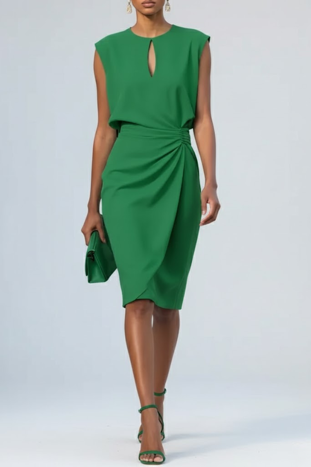 Ruched Midi Dress Keyhole Neckline Gathered