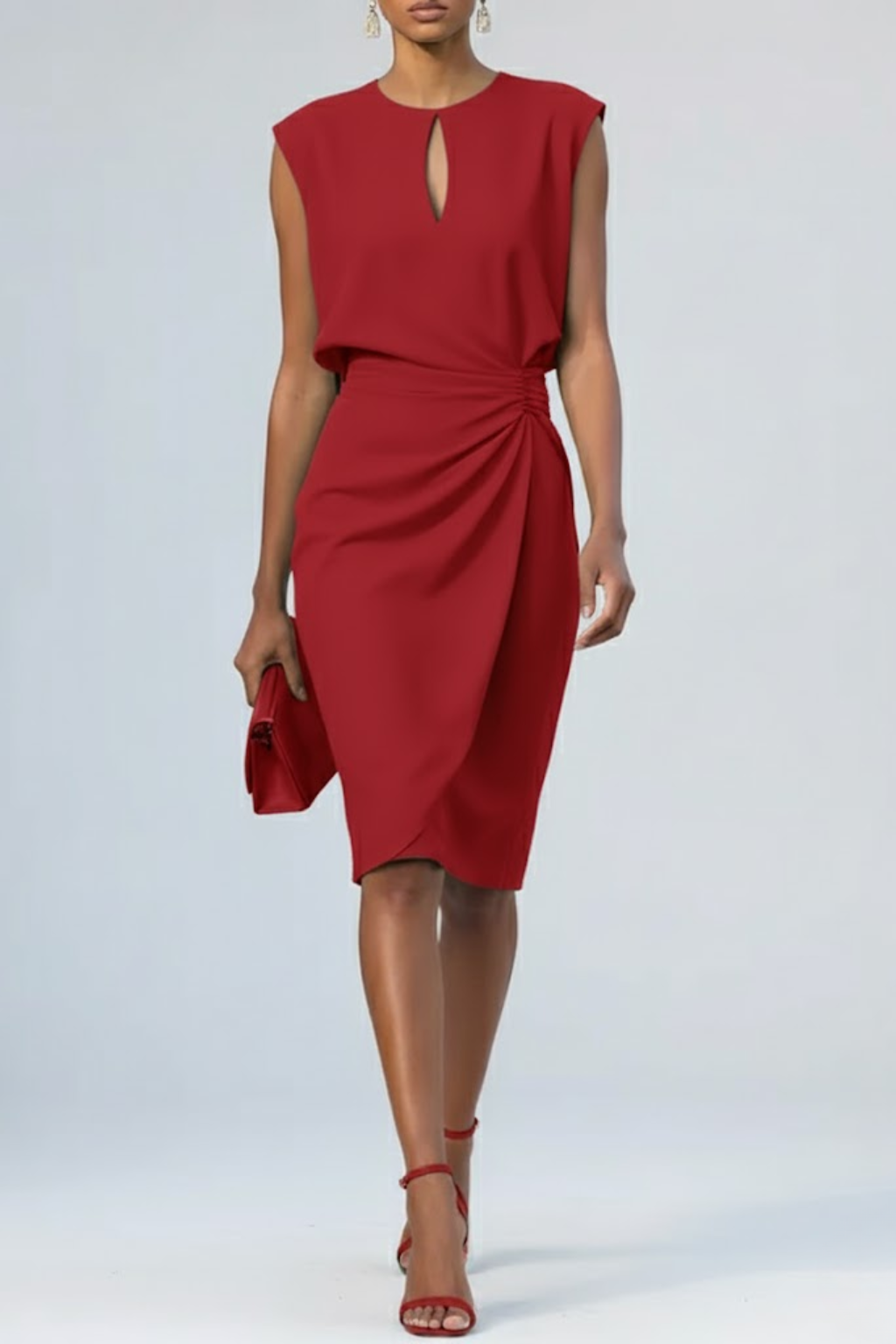 Ruched Midi Dress Keyhole Neckline Gathered
