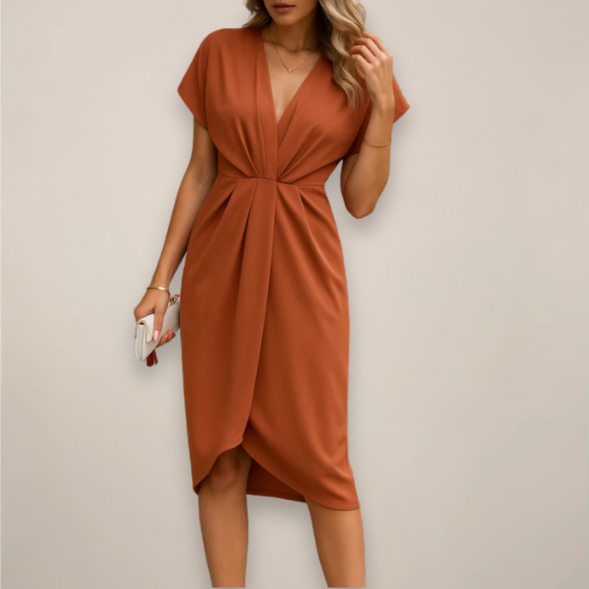 Wrap Midi Dress V-Neck Short Sleeve Gathered Waist