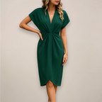 Wrap Midi Dress V-Neck Short Sleeve Gathered Waist