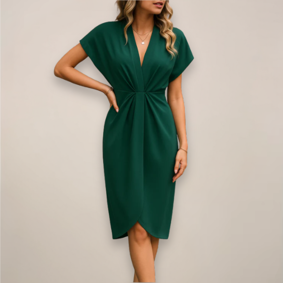 Wrap Midi Dress V-Neck Short Sleeve Gathered Waist