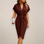 Wrap Midi Dress V-Neck Short Sleeve Gathered Waist