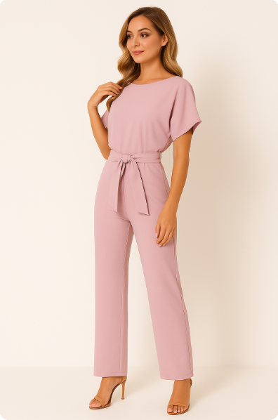 Batwing Jumpsuit Ponte Knit Short Sleeve Wide Leg