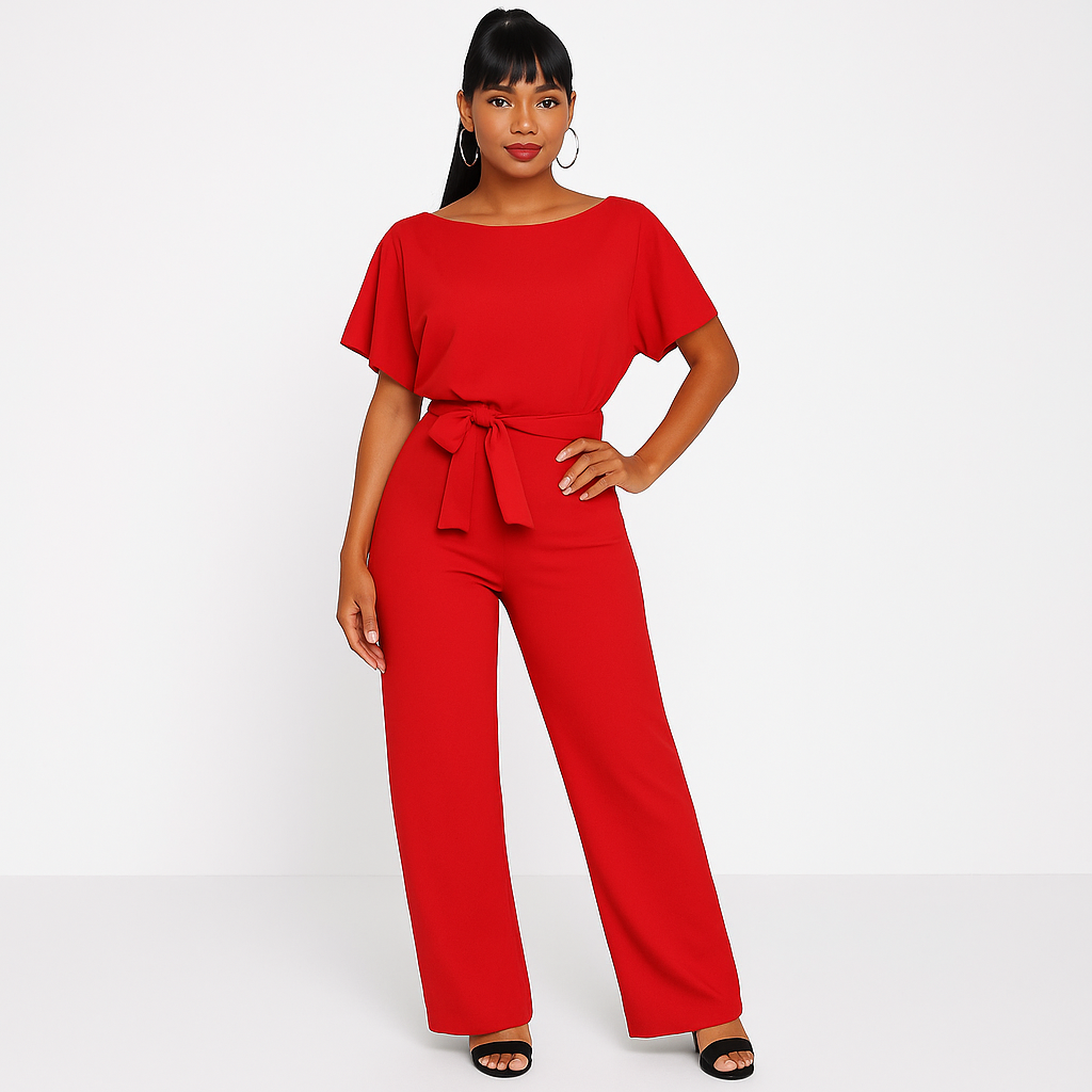 Batwing Jumpsuit Ponte Knit Short Sleeve Wide Leg