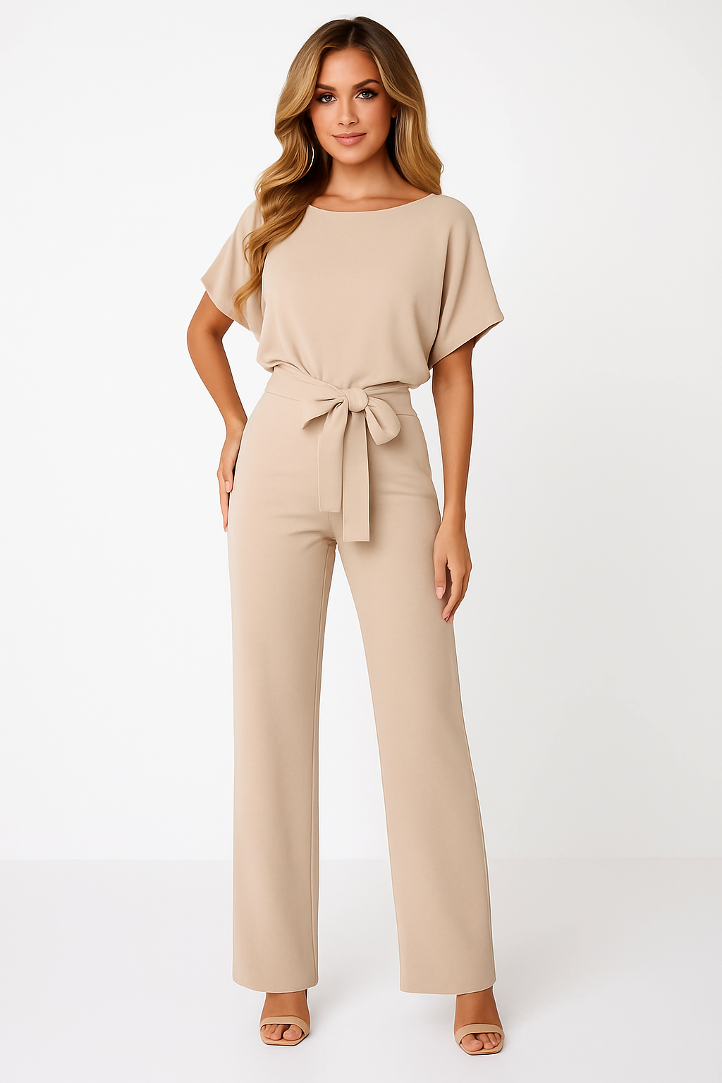 Batwing Jumpsuit Ponte Knit Short Sleeve Wide Leg