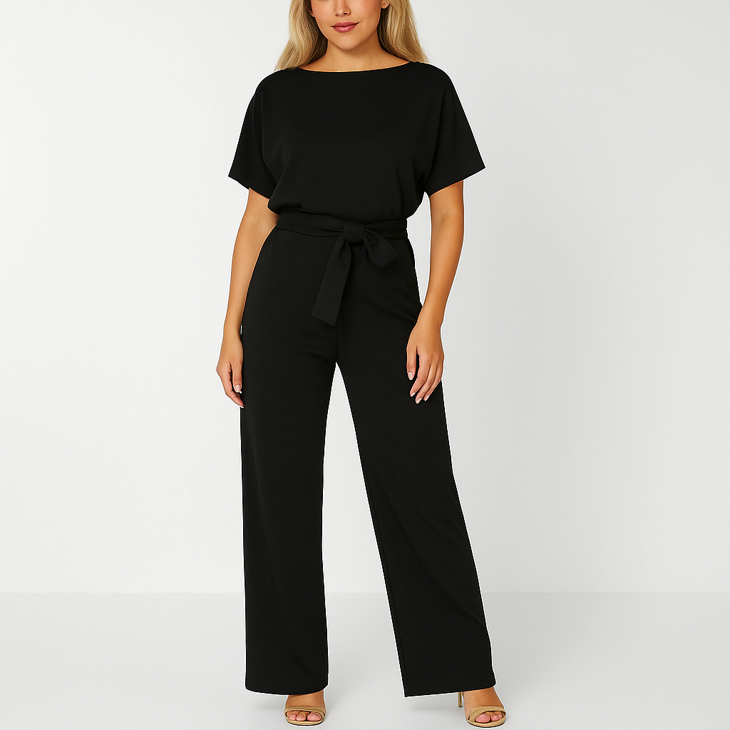 Batwing Jumpsuit Ponte Knit Short Sleeve Wide Leg