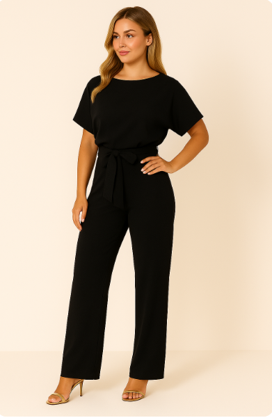 Batwing Jumpsuit Ponte Knit Short Sleeve Wide Leg