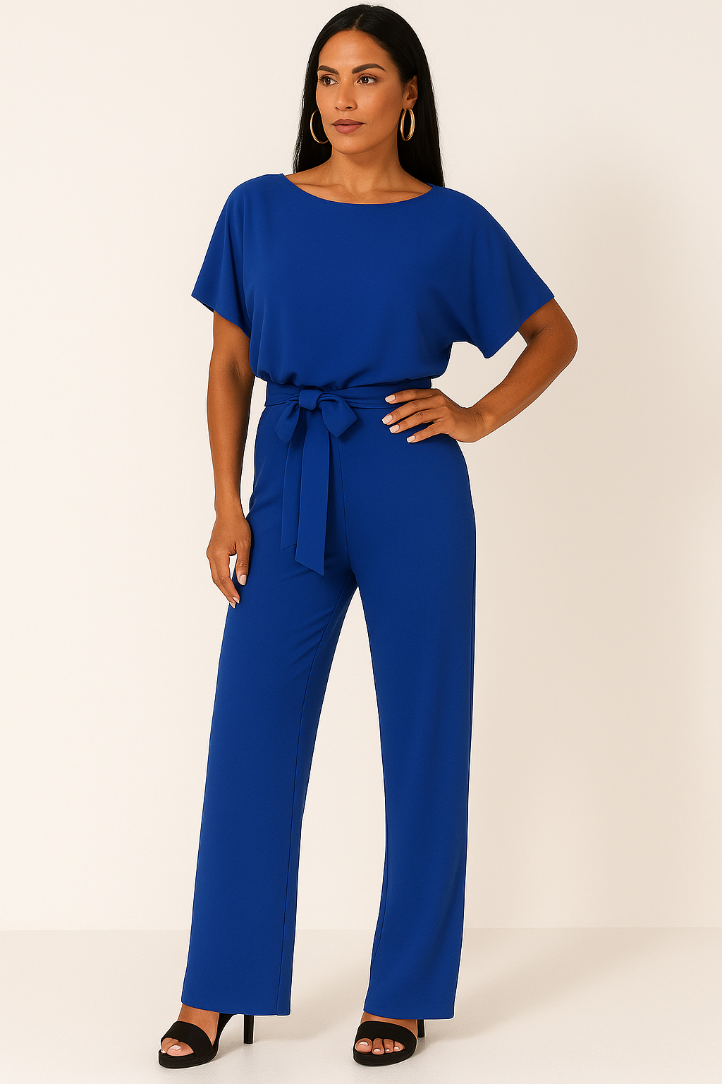Batwing Jumpsuit Ponte Knit Short Sleeve Wide Leg
