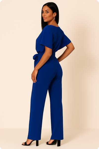 Batwing Jumpsuit Ponte Knit Short Sleeve Wide Leg