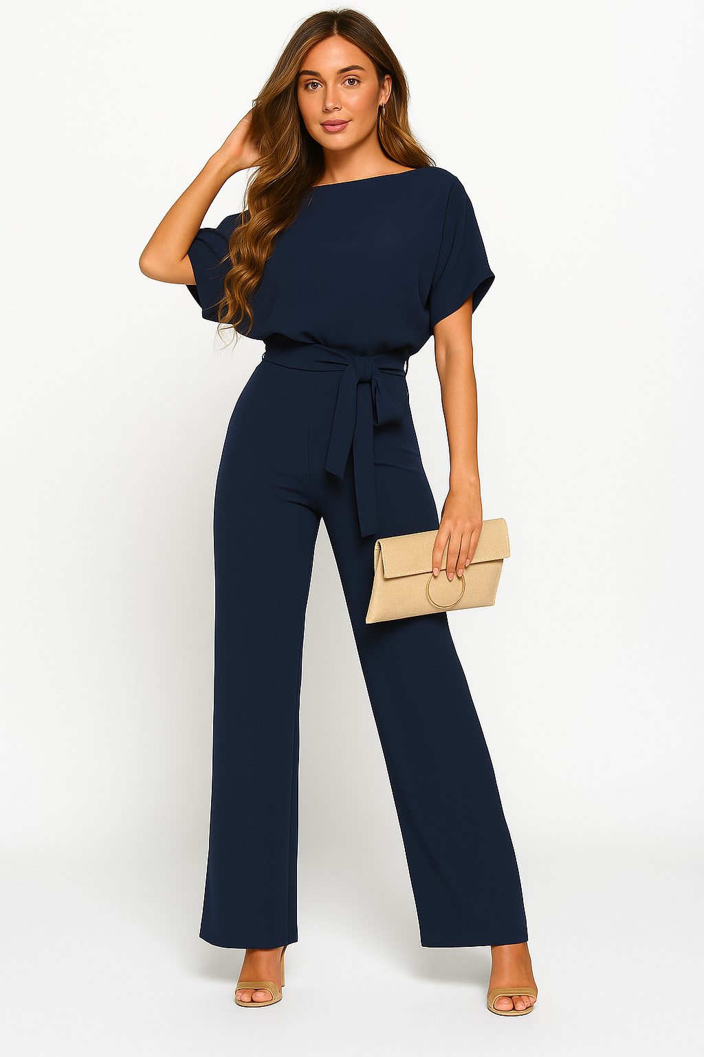 Batwing Jumpsuit Ponte Knit Short Sleeve Wide Leg