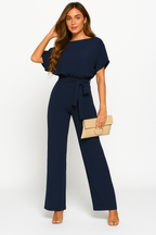 Batwing Jumpsuit Ponte Knit Short Sleeve Wide Leg