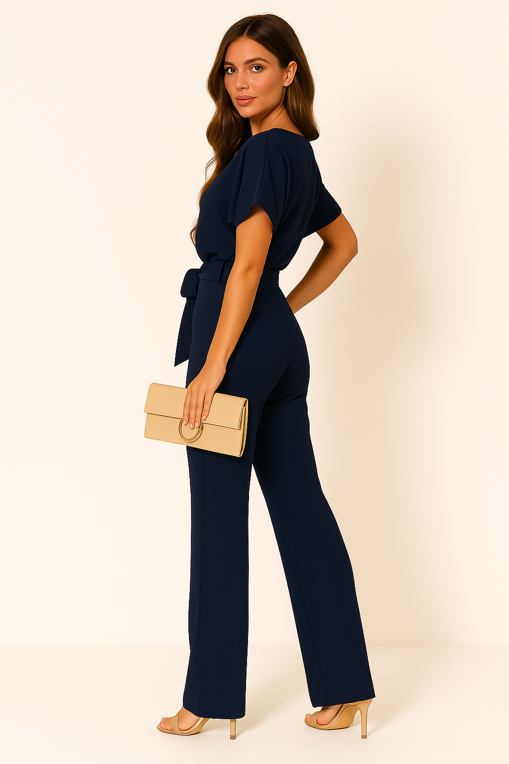 Batwing Jumpsuit Ponte Knit Short Sleeve Wide Leg