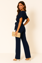 Batwing Jumpsuit Ponte Knit Short Sleeve Wide Leg