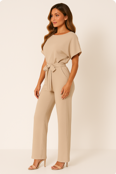 Batwing Jumpsuit Ponte Knit Short Sleeve Wide Leg