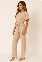 Batwing Jumpsuit Ponte Knit Short Sleeve Wide Leg