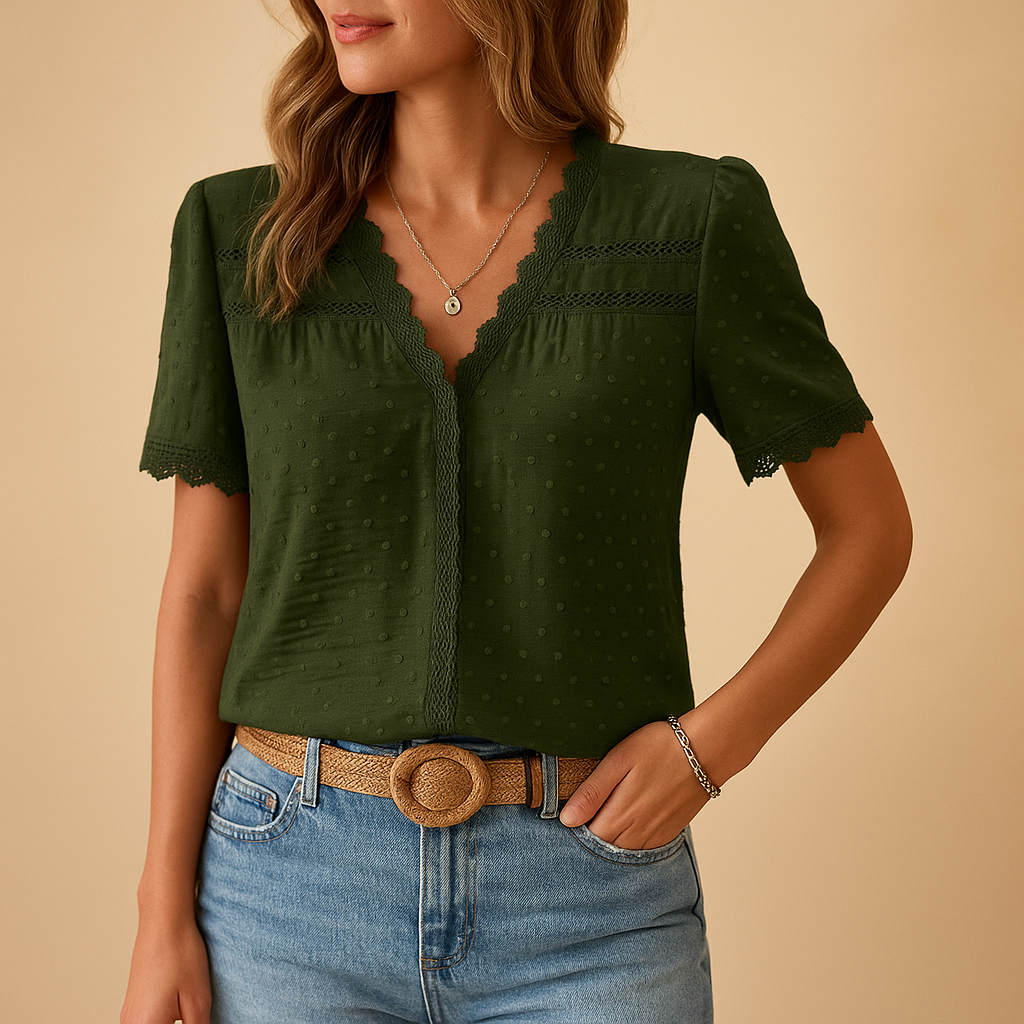 Lace Trim Blouse V-Neck Short Sleeve