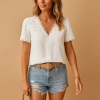 Lace Trim Blouse V-Neck Short Sleeve