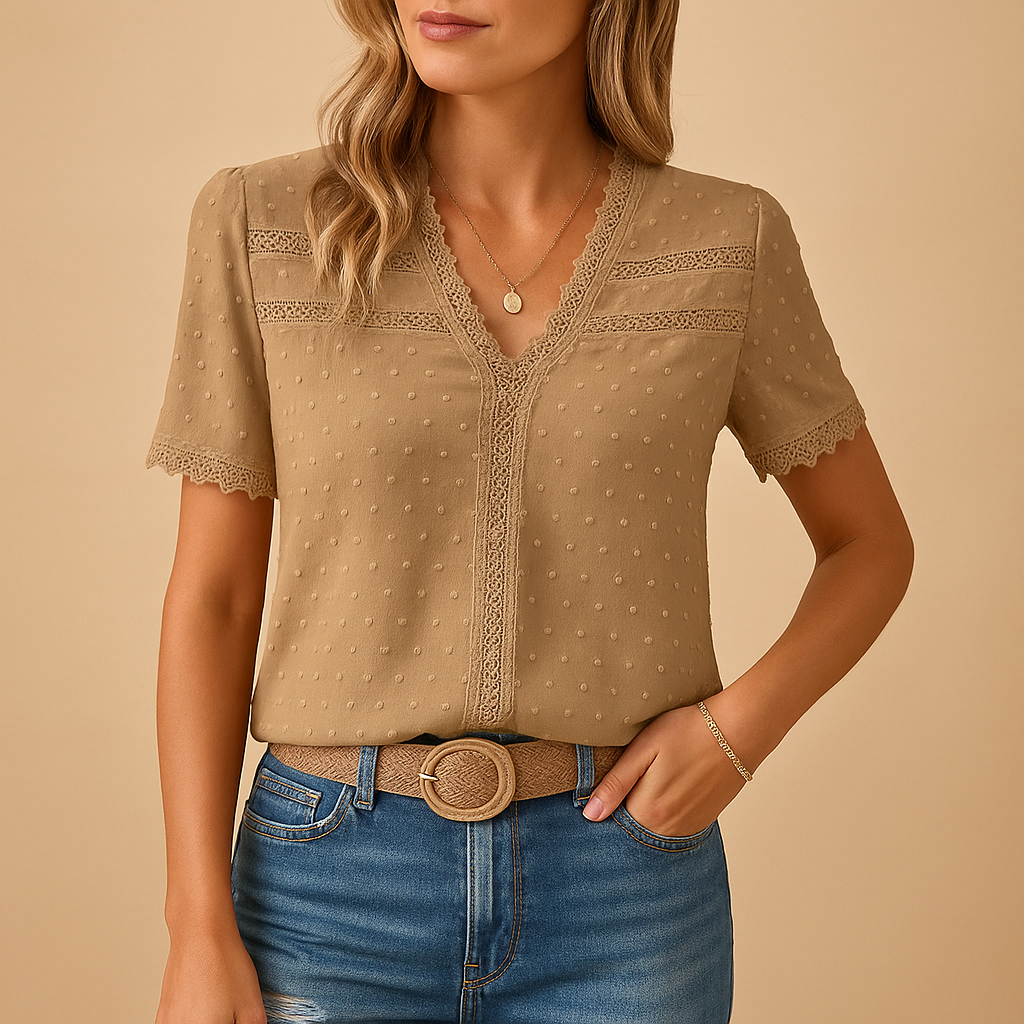 Lace Trim Blouse V-Neck Short Sleeve