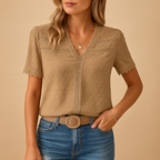 Lace Trim Blouse V-Neck Short Sleeve