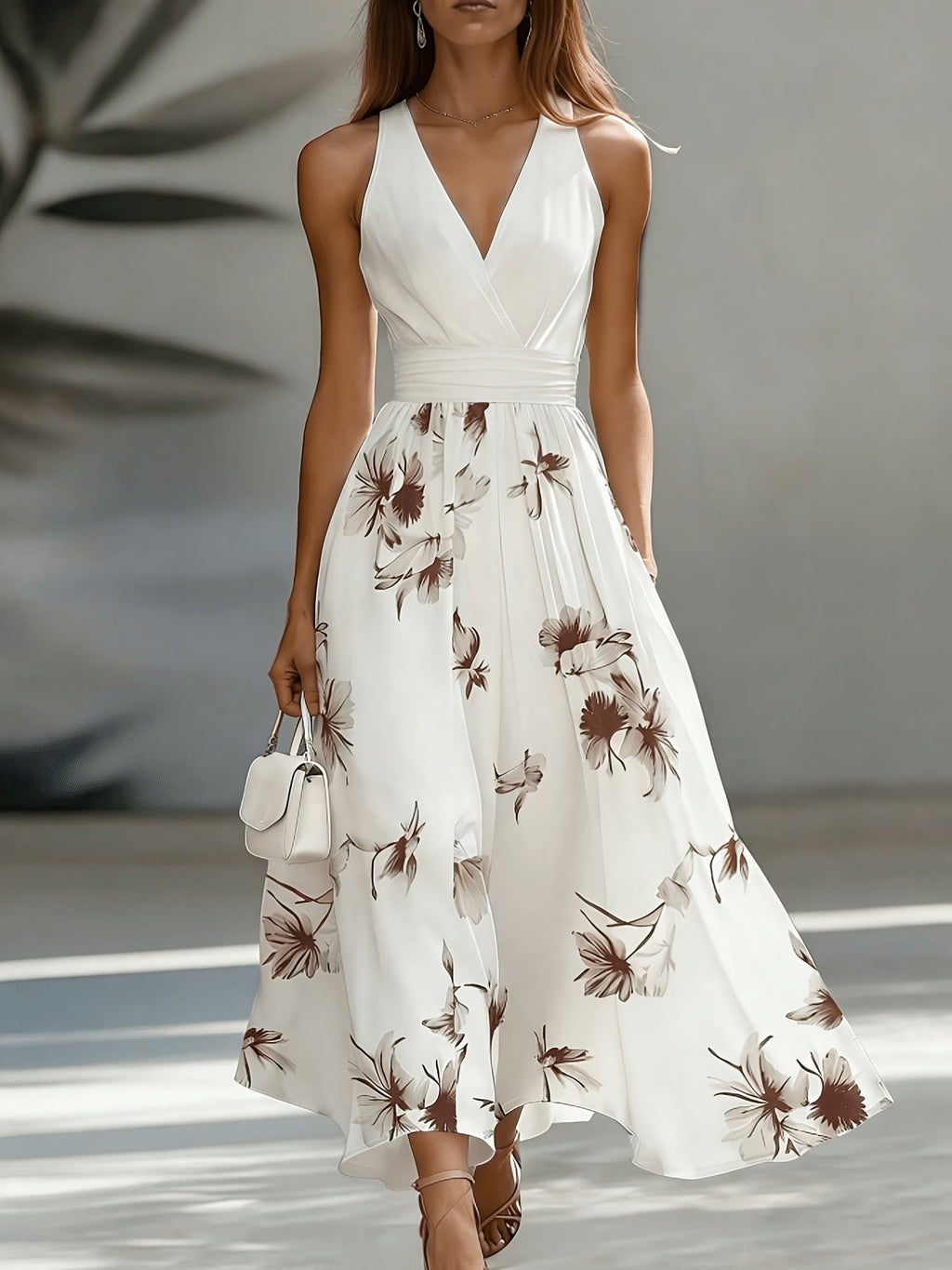 Backless Ruched Floral Maxi Dress Flared Patchwork