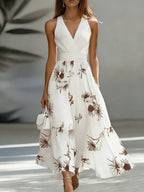 Backless Ruched Floral Maxi Dress Flared Patchwork