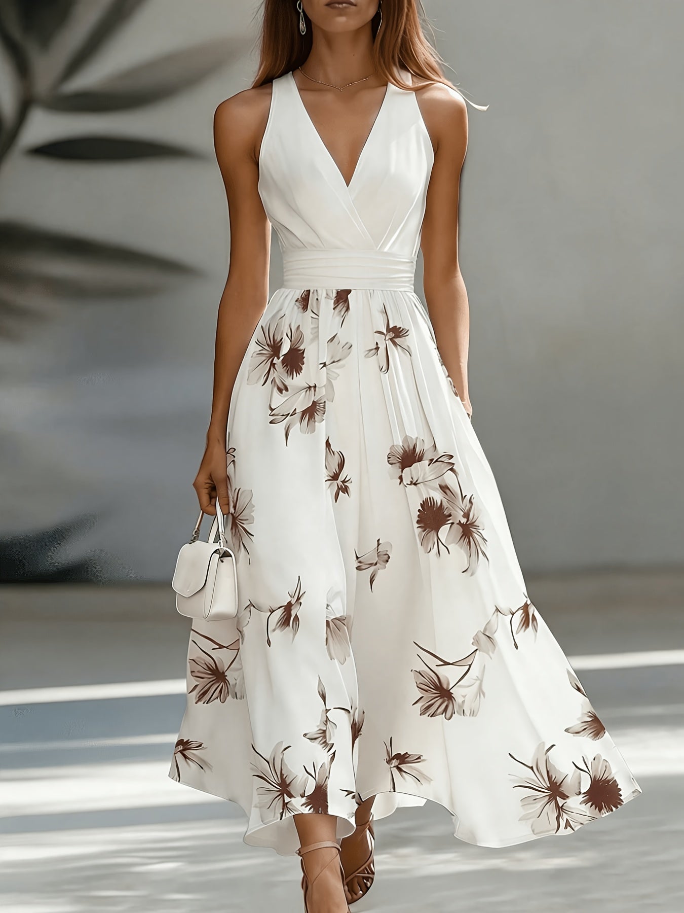 Backless Ruched Floral Maxi Dress Flared Patchwork