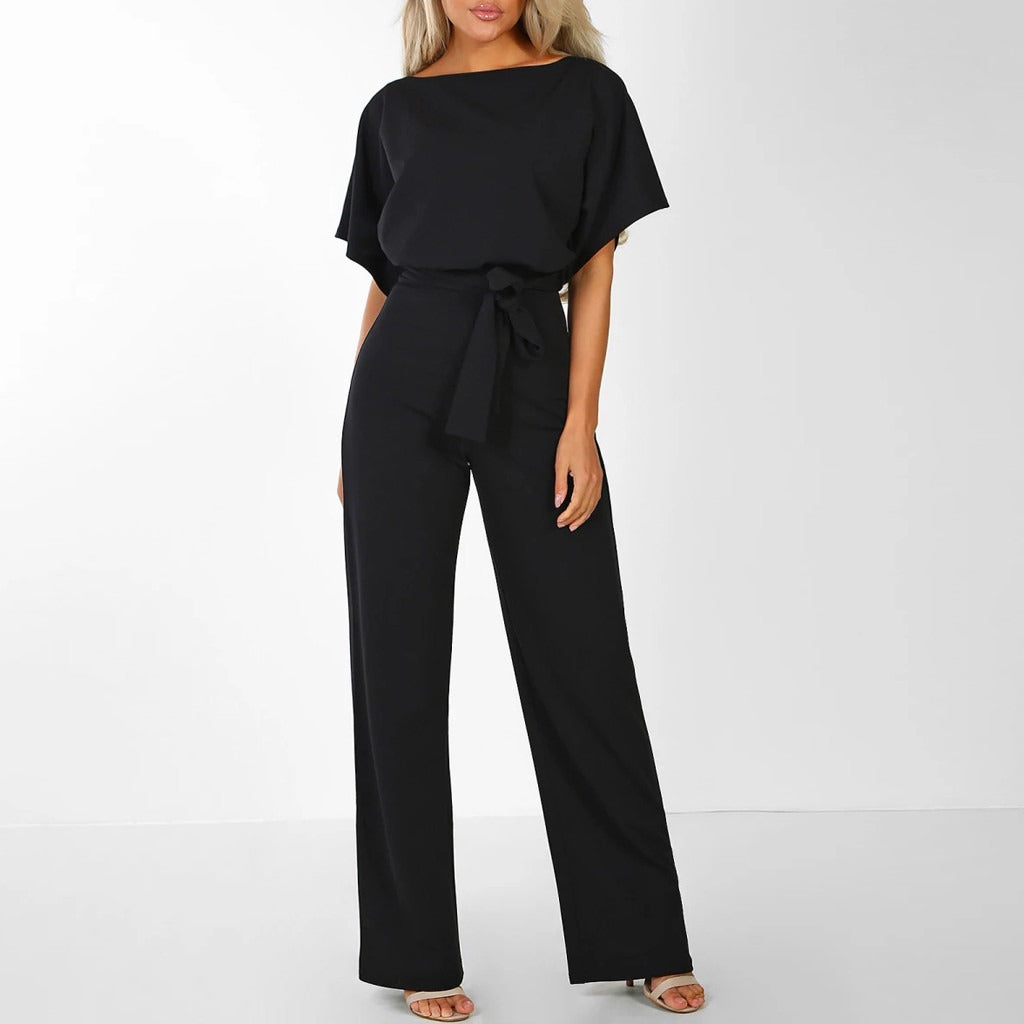 Batwing Jumpsuit Wide Leg Tie Front Short Sleeve