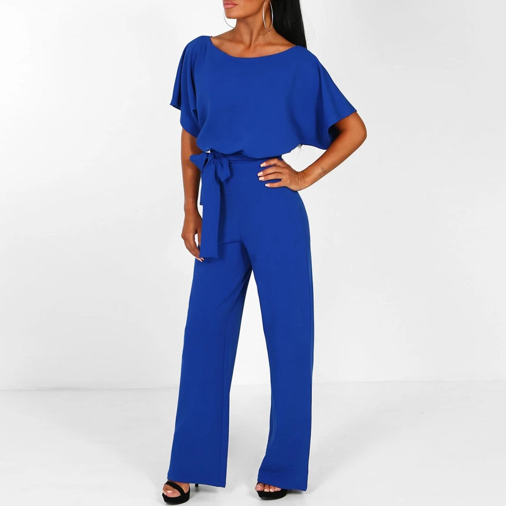 Batwing Jumpsuit Wide Leg Tie Front Short Sleeve