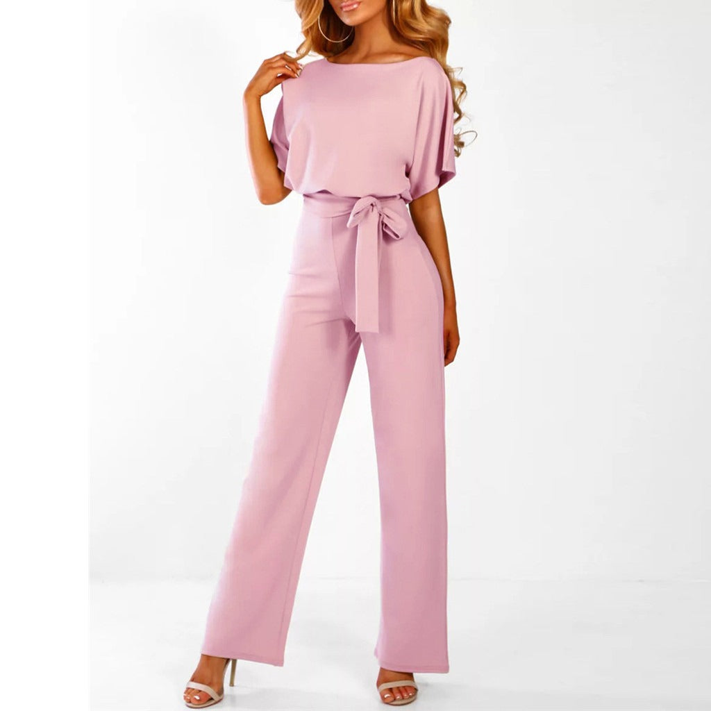 Batwing Jumpsuit Wide Leg Tie Front Short Sleeve