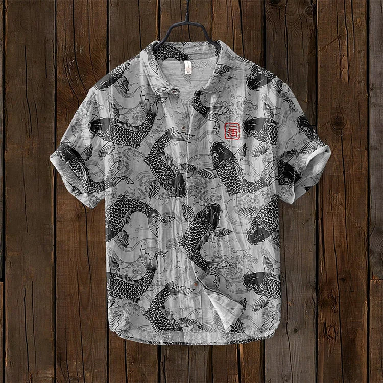Japanese Art Print Linen Shirt Casual Statement