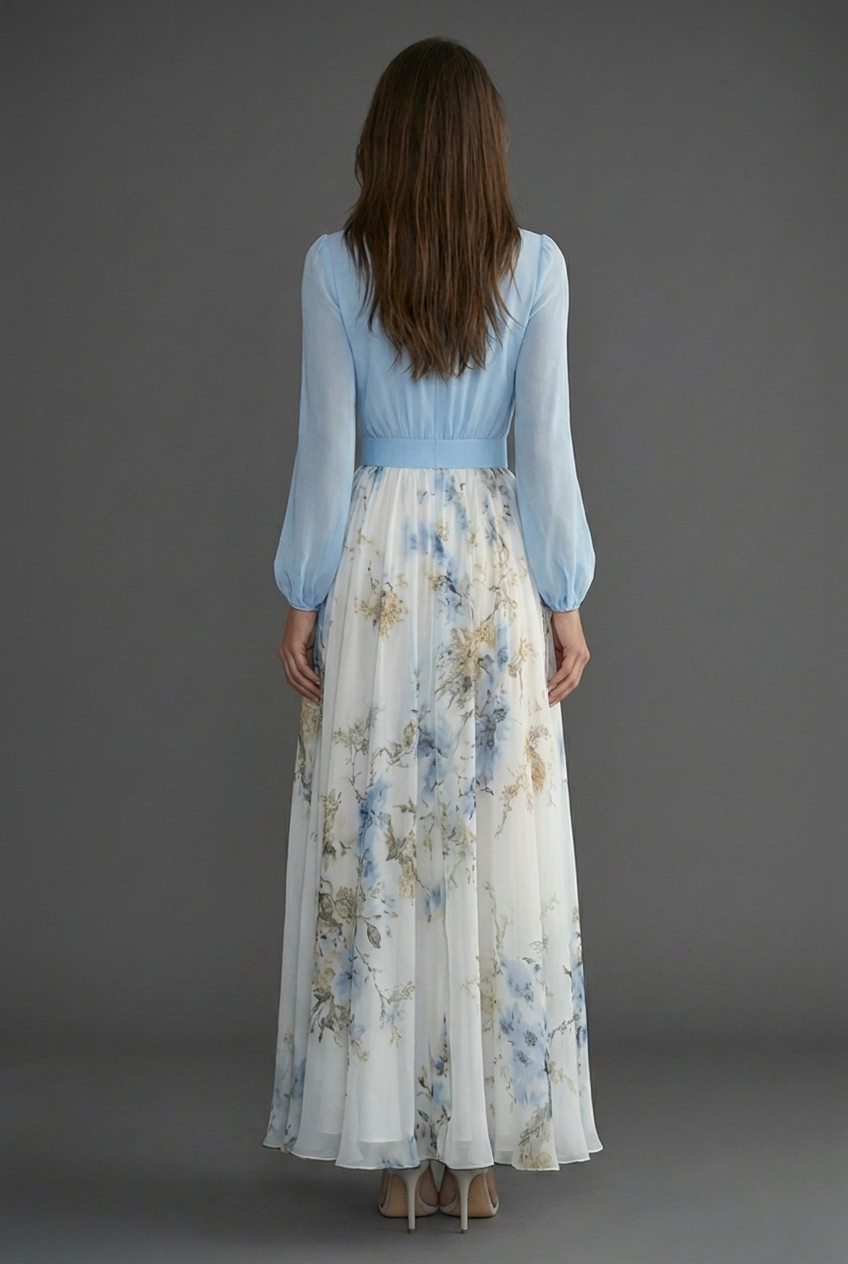 Floral Maxi Dress Chiffon Long Sleeve Ascot