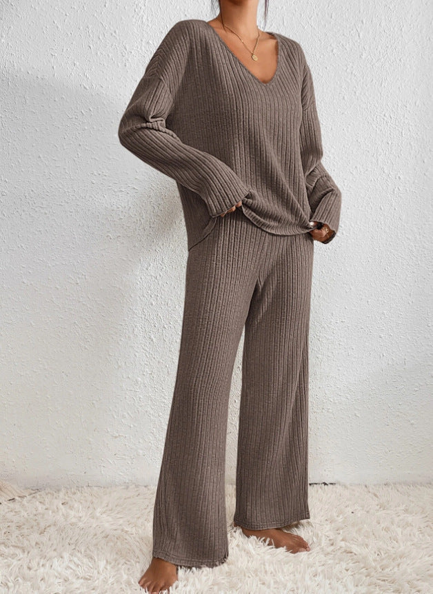 Knitted Two Piece Set V Neck Jumper Trousers Loungewear