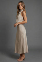 Wedding Guest Midi Dress Halterneck Satin Open Back