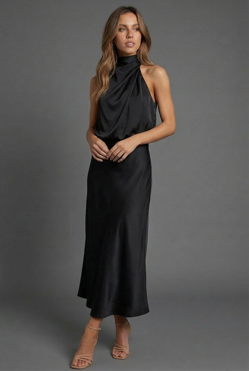 Wedding Guest Midi Dress Halterneck Satin Open Back