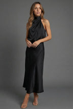 Wedding Guest Midi Dress Halterneck Satin Open Back