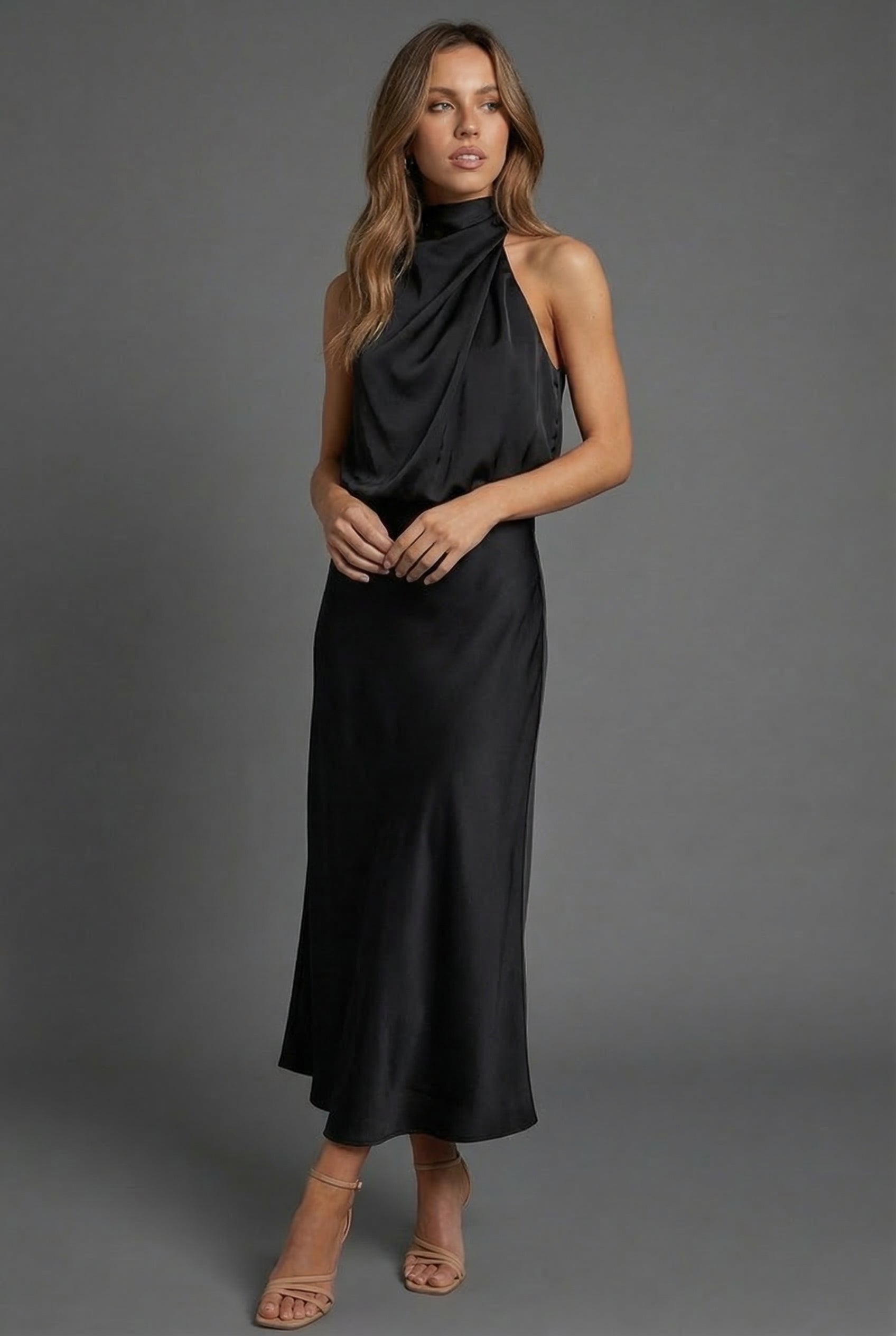 Wedding Guest Midi Dress Halterneck Satin Open Back