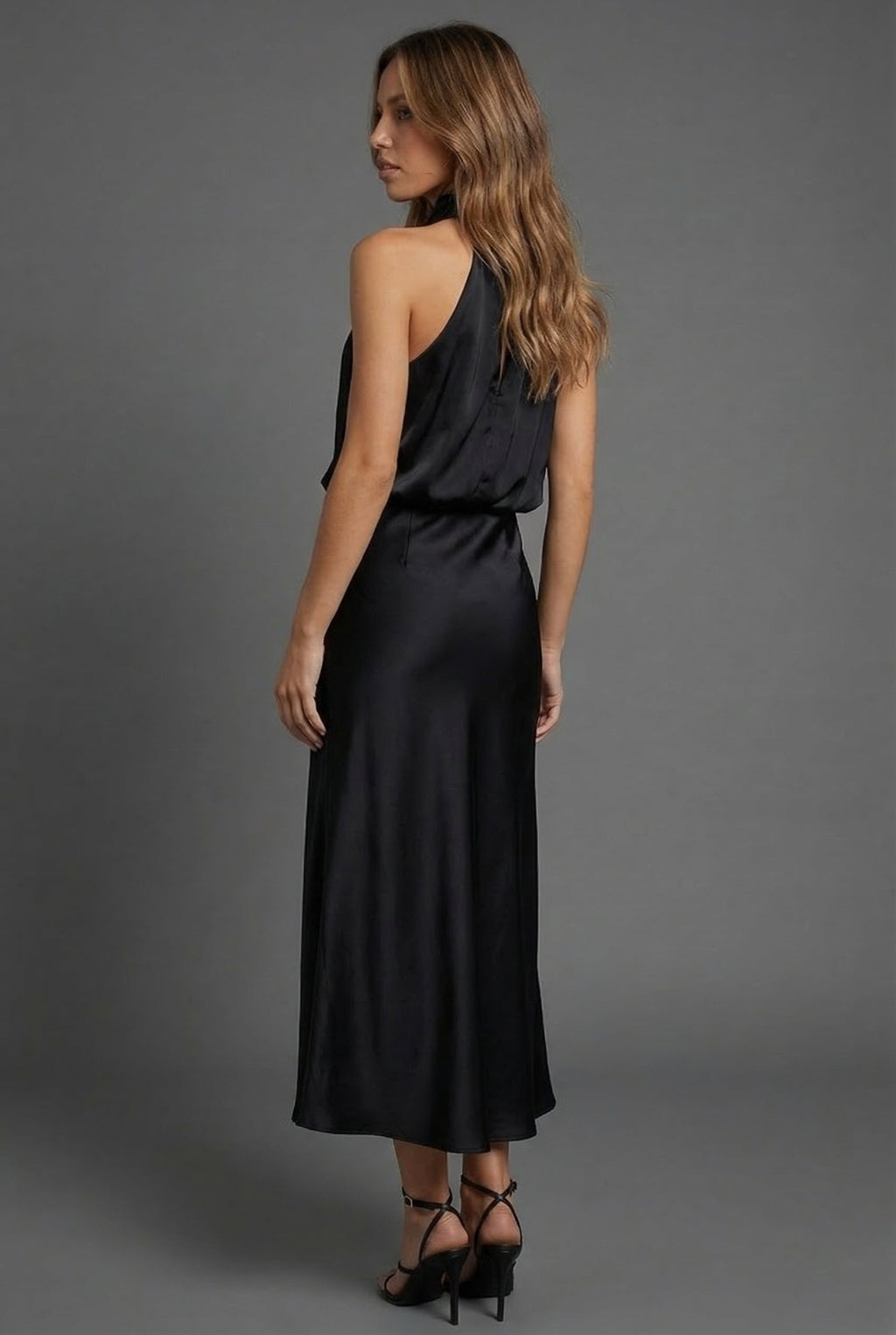 Wedding Guest Midi Dress Halterneck Satin Open Back