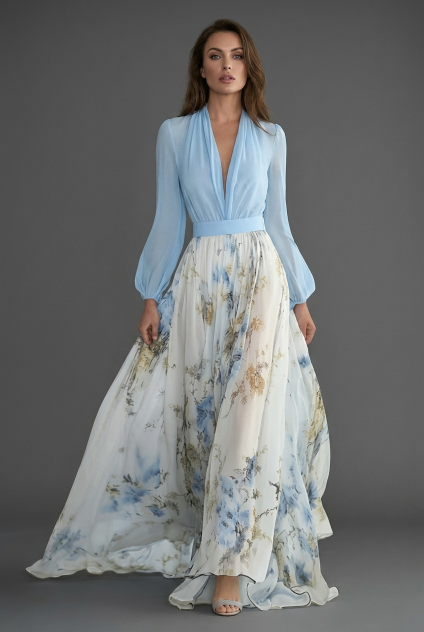 Floral Maxi Dress Chiffon Long Sleeve Ascot