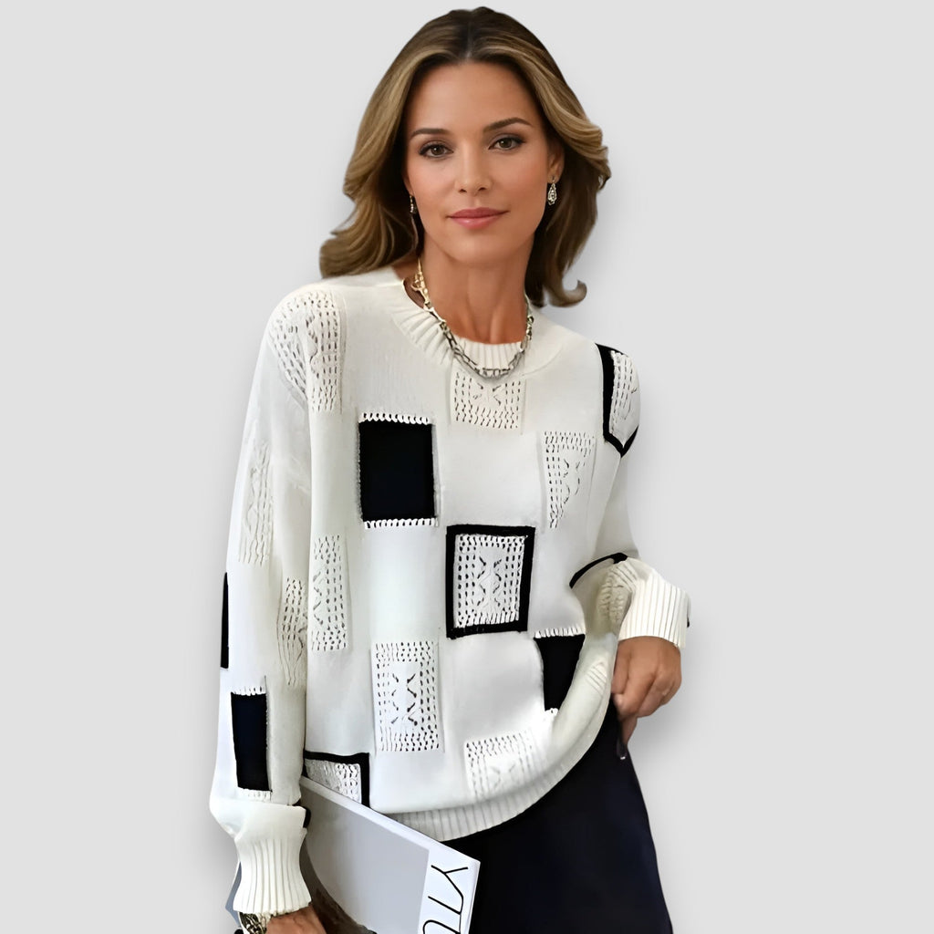 Square Pattern Jumper Textured Knit Round Neck Long Sleeve