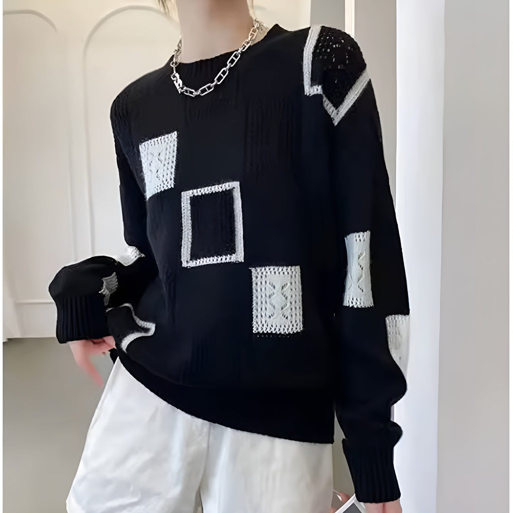 Square Pattern Jumper Textured Knit Round Neck Long Sleeve