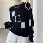 Square Pattern Jumper Textured Knit Round Neck Long Sleeve