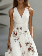 Backless Ruched Floral Maxi Dress Flared Patchwork
