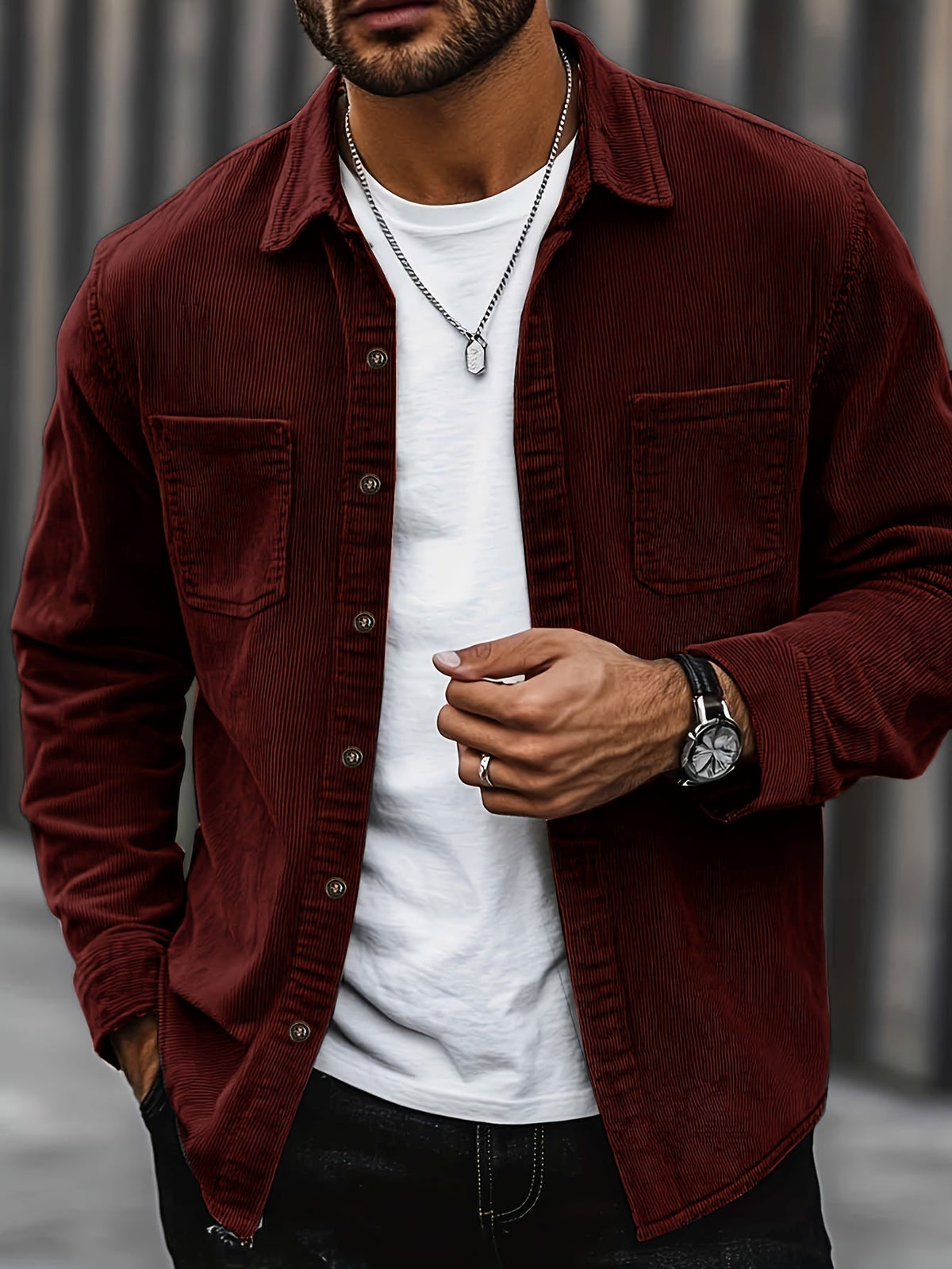Men's Shirt Jacket Buttons Pockets Textured Transitional