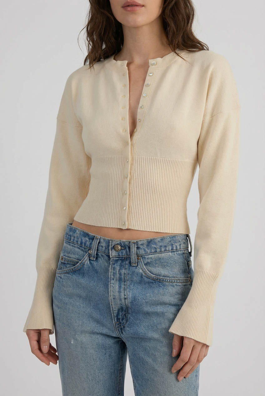 Cropped Cardigan Button Front Slim Fit Long Sleeve