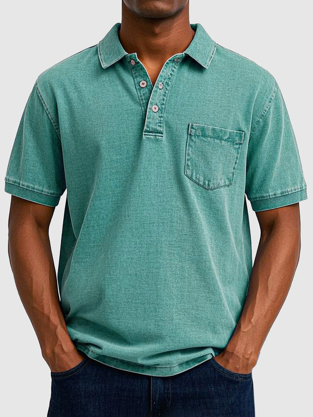 Mens Polo Shirt Cotton Denim Short Sleeve Chest Pocket