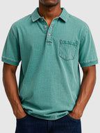 Mens Polo Shirt Cotton Denim Short Sleeve Chest Pocket