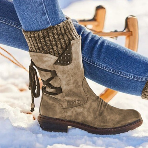 Mid Calf Winter Boots Cable Knit Cuff Side Laces Lined