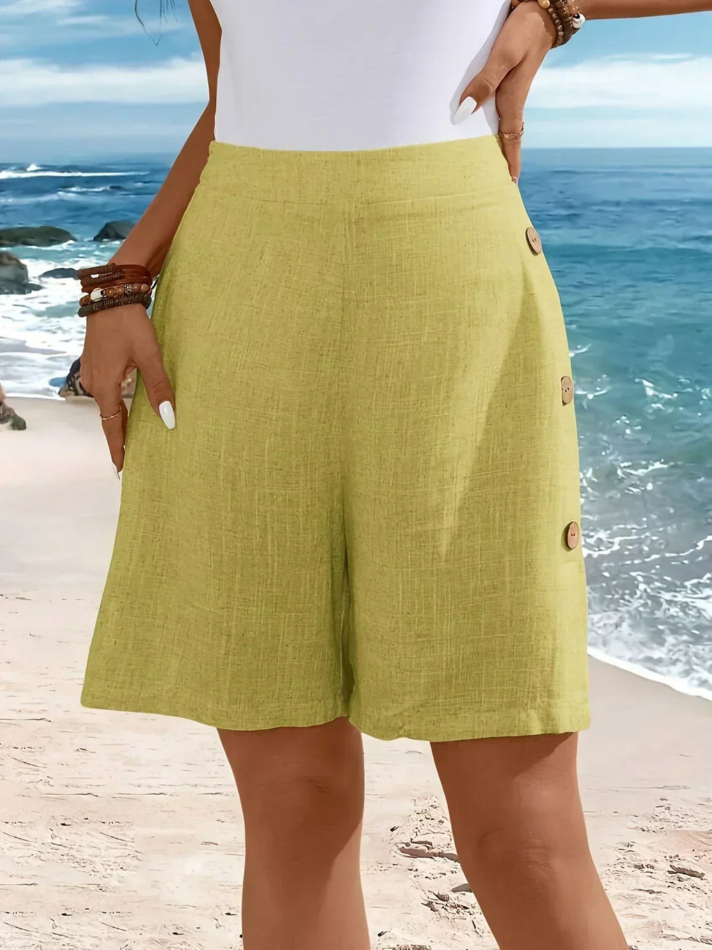 Relaxed Fit Shorts Button Side Elasticated Waist